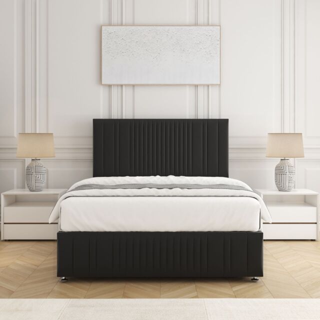 "BSSPOKE Rosie Plush Velvet Divan Bed Set 24"" Headboard & Mattress No Drawers in Black - Size: Double" - image 1