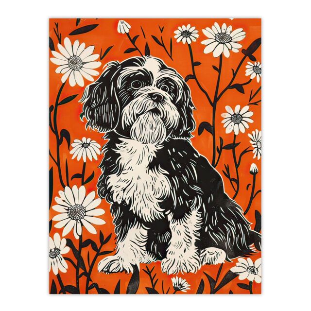 "Artery8 Shih Tzu with Daisies Red Floral Dog Lover Wall Art Print - Size: W24"" x H32""" - image 1