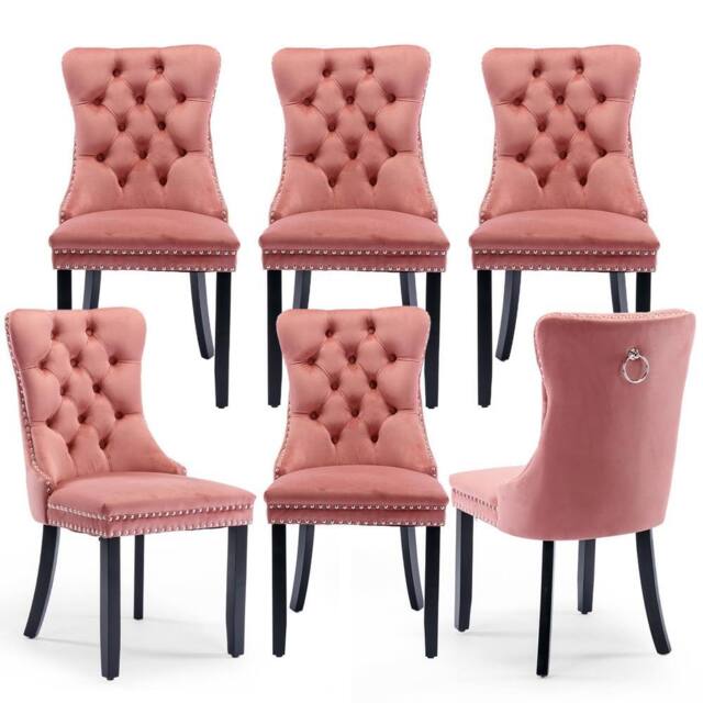 HomeTouch Romsey Set of 6 Velvet Upholstered Dining Chairs with Oak Legs & Knocker Ring Back in Pink - Size: 6 Pack - image 1