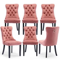 HomeTouch Romsey Set of 6 Velvet Upholstered Dining Chairs with Oak Legs & Knocker Ring Back in Pink - Size: 6 Pack - thumbnail 1