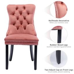 HomeTouch Romsey Set of 6 Velvet Upholstered Dining Chairs with Oak Legs & Knocker Ring Back in Pink - Size: 6 Pack - thumbnail 9