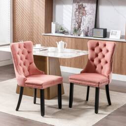 HomeTouch Romsey Set of 6 Velvet Upholstered Dining Chairs with Oak Legs & Knocker Ring Back in Pink - Size: 6 Pack - thumbnail 6
