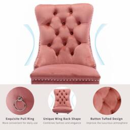 HomeTouch Romsey Set of 6 Velvet Upholstered Dining Chairs with Oak Legs & Knocker Ring Back in Pink - Size: 6 Pack - thumbnail 8