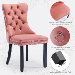 HomeTouch Romsey Set of 6 Velvet Upholstered Dining Chairs with Oak Legs & Knocker Ring Back in Pink - Size: 6 Pack - thumbnail 7