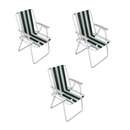 Samuel Alexander 3 Pack of Outdoor Green & White Stripe Camping Chairs with Armrests - thumbnail 1