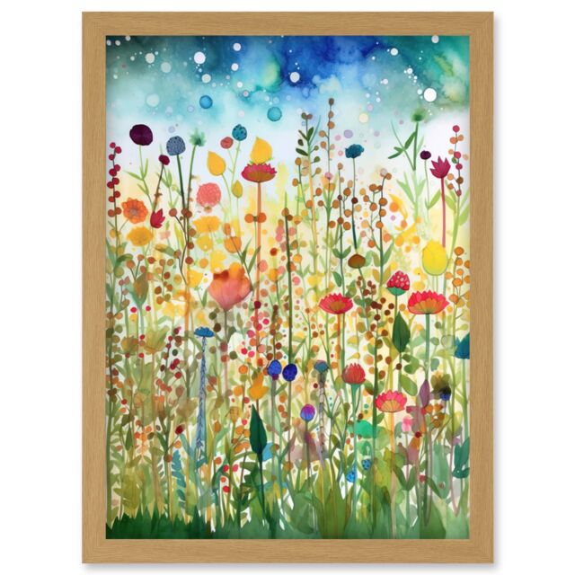Artery8 Wildflower Meadow Folk Art Artwork Framed Wall Art Print A4 in Light Oak - image 1
