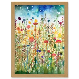 Artery8 Wildflower Meadow Folk Art Artwork Framed Wall Art Print A4 in Light Oak - thumbnail 1