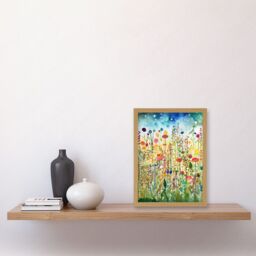 Artery8 Wildflower Meadow Folk Art Artwork Framed Wall Art Print A4 in Light Oak - thumbnail 2