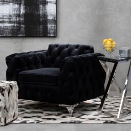 Orsina Quilted Chesterfield Chair, Black Velvet Upholster Ocassional Chair, Silver Finish Lounge Chair, Patio Armchair