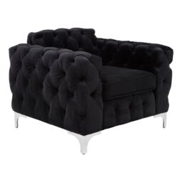 Orsina Quilted Chesterfield Chair, Black Velvet Upholster Ocassional Chair, Silver Finish Lounge Chair, Patio Armchair - thumbnail 3