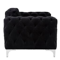 Orsina Quilted Chesterfield Chair, Black Velvet Upholster Ocassional Chair, Silver Finish Lounge Chair, Patio Armchair - thumbnail 4