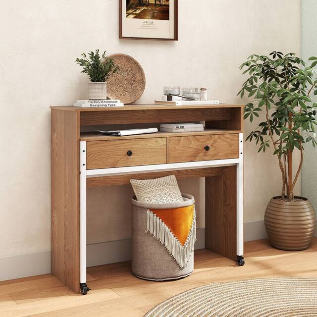 Costway Extendable Computer Desk Convertible Home Office Desk w/ Drawers in Natural - image 1