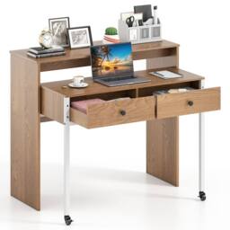 Costway Extendable Computer Desk Convertible Home Office Desk w/ Drawers in Natural - thumbnail 3