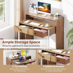 Costway Extendable Computer Desk Convertible Home Office Desk w/ Drawers in Natural - thumbnail 7