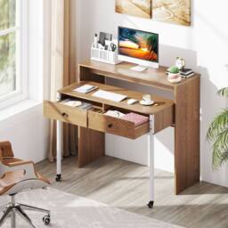 Costway Extendable Computer Desk Convertible Home Office Desk w/ Drawers in Natural - thumbnail 5