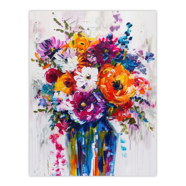 "Artery8 Multicoloured Flower Bouquet in Vase Oil Painting Wall Art Print - Size: W18"" x H24""" - image 1