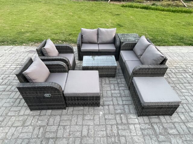 Fimous 8 Seater Rattan Garden Furniture Set Patio Outdoor Lounge Sofa Set with Rectangular Coffee Table 2 Big Footstool Love Sofa Side Table - image 1