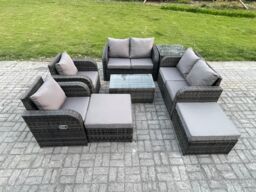 Fimous 8 Seater Rattan Garden Furniture Set Patio Outdoor Lounge Sofa Set with Rectangular Coffee Table 2 Big Footstool Love Sofa Side Table - thumbnail 1