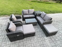Fimous 8 Seater Rattan Garden Furniture Set Patio Outdoor Lounge Sofa Set with Rectangular Coffee Table 2 Big Footstool Love Sofa Side Table - thumbnail 2