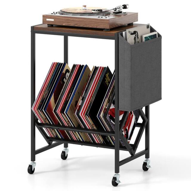 Gymax Turntable Stand with Vinyl Magazine Holder Rolling Record Player Stand in Brown - image 1