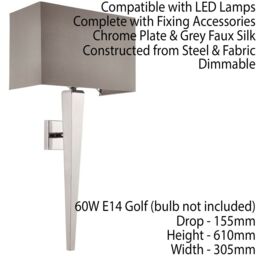 Loops 2 PACK Rectangular Dimmable Wall Light Chrome & Grey Shade Modern Bedside Lamp - thumbnail 3