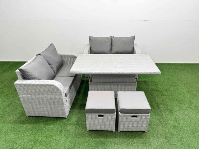 Fimous 6 Seater Outdoor Love Sofa Set Rattan Garden Furniture Set with Adjustable Lifting Dining or Coffee Table 2 Small Stools Light Grey - image 1