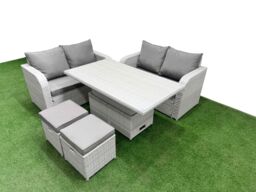 Fimous 6 Seater Outdoor Love Sofa Set Rattan Garden Furniture Set with Adjustable Lifting Dining or Coffee Table 2 Small Stools Light Grey - thumbnail 2