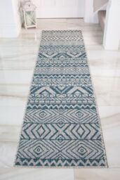 Kukoon Runner Rug Blue Striped Outdoor, Garden & Patio Long Rugs - Size: 60 cm x 240 cm