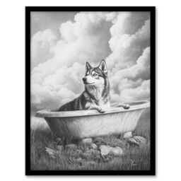Artery8 Husky Bath Time Bathtub Black White Surreal Framed Art Print in Grey - Size: A4 - thumbnail 1