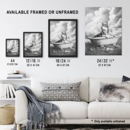 Artery8 Husky Bath Time Bathtub Black White Surreal Framed Art Print in Grey - Size: A4 - thumbnail 3