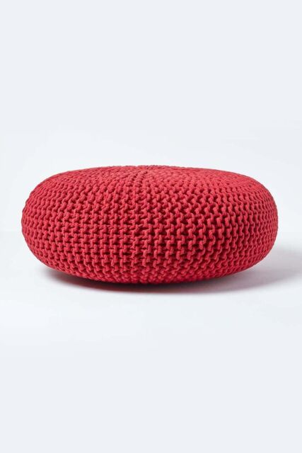 Homescapes Large Round Cotton Knitted Pouffe Footstool in Red - image 1
