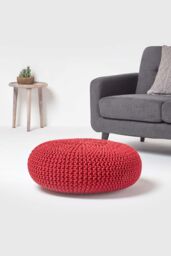 Homescapes Large Round Cotton Knitted Pouffe Footstool in Red - thumbnail 2