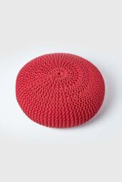 Homescapes Large Round Cotton Knitted Pouffe Footstool in Red - thumbnail 3