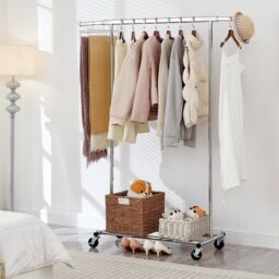 House of Home Heavy Duty Chrome Clothes Rail Adjustable Width to Height with Shelf in Silver