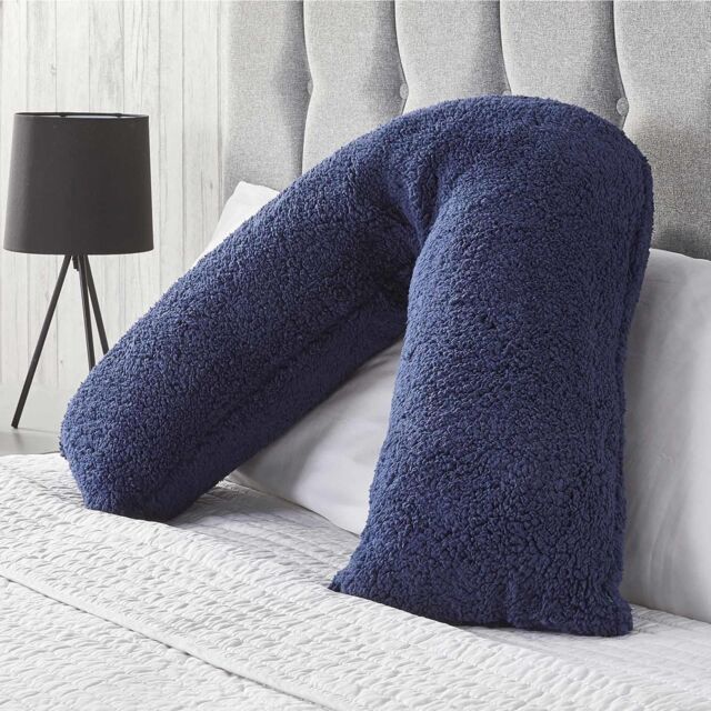 OHS Teddy Fleece V Shaped Pillow Support Pregnancy Orthopaedic Cushion in Navy - image 1