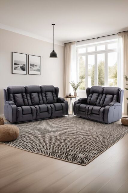 More4Homes Caesar Manual Recliner Bonded Leather 2+3 Seater Sofa Set in Black - image 1