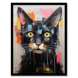 Wee Blue Coo Wall Art Print Messy Black Cat Fun Bright Pet Portrait Living Room Framed - Size: A4 - thumbnail 1