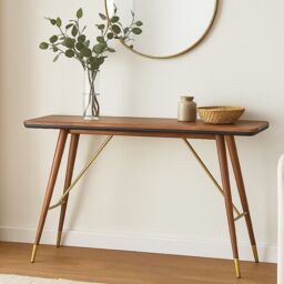 Orsina Walnut Wood Console Table with Leather Trim, Modern Retro Entryway Table with Brass Accents, Console Table in Gold
