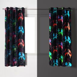 OHS Glow-in-the-Dark Kids Gaming Print Curtains in Black - Size: 117 cm width x 183 cm drop - thumbnail 1