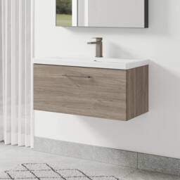 Balterley 800mm Wall Hung 1 Drawer Vanity Basin Unit, Mid Oak, Pewter Handle in Brown - thumbnail 4