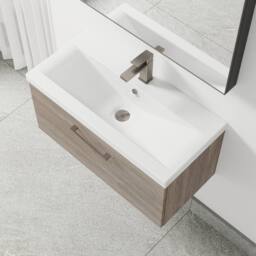 Balterley 800mm Wall Hung 1 Drawer Vanity Basin Unit, Mid Oak, Pewter Handle in Brown - thumbnail 3