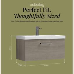 Balterley 800mm Wall Hung 1 Drawer Vanity Basin Unit, Mid Oak, Pewter Handle in Brown - thumbnail 5
