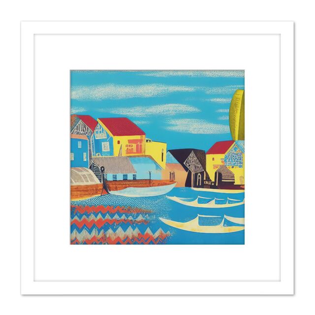 Artery8 Modern Contemporary Abstract Folk Art Fishing Harbour Village Collage Square Wooden Framed Wall Art Print Picture 8X8 Inch in White - image 1
