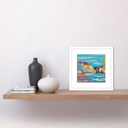 Artery8 Modern Contemporary Abstract Folk Art Fishing Harbour Village Collage Square Wooden Framed Wall Art Print Picture 8X8 Inch in White - thumbnail 2