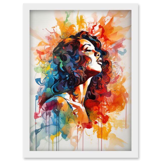 Artery8 Woman with Synesthesia Listening to Rainbow Colour Music Modern Watercolour Painting Artwork Framed Wall Art Print A4 in White - image 1