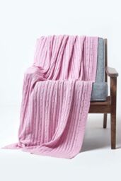 Homescapes Cotton Cable Knit Throw Soft & Cosy Vintage Blanket in Pink - Size: 150 cm x 200 cm - thumbnail 1
