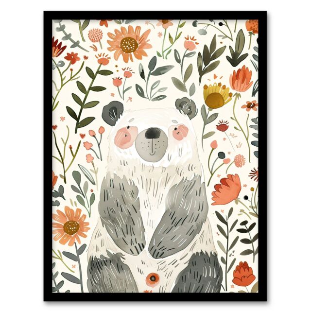 "Artery8 Happy Cute Baby Bear with Flowers Watercolour Framed Wall Art - Size: W12"" x H16""" - image 1