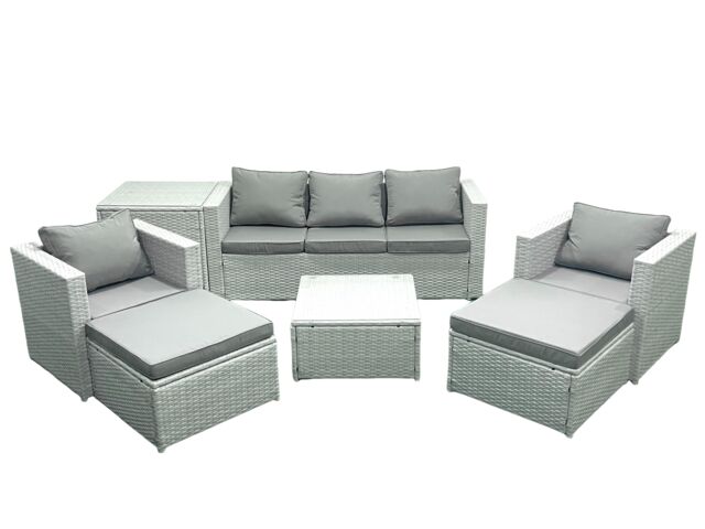 Fimous 7 Seater Rattan Garden Furniture Set with 3 Seater Sofa 2 Chair Square Coffee Table 2 Big Footstools Side Table Light Grey Mixed - image 1