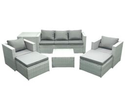 Fimous 7 Seater Rattan Garden Furniture Set with 3 Seater Sofa 2 Chair Square Coffee Table 2 Big Footstools Side Table Light Grey Mixed - thumbnail 1