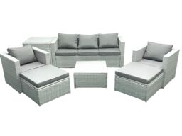 Fimous 7 Seater Rattan Garden Furniture Set with 3 Seater Sofa 2 Chair Square Coffee Table 2 Big Footstools Side Table Light Grey Mixed - thumbnail 2